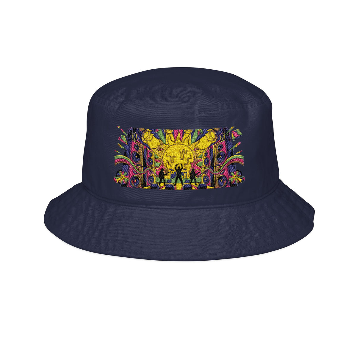 Live Loud Festival Bucket Hat, psychedelic embroidered sun and speaker stack detail