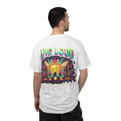 Live Loud Concert Stage T-Shirt in white worn, back view with psychedelic stage print