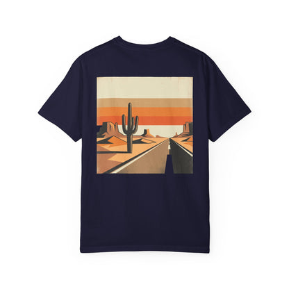 Dusty Desert Highway T-Shirt in True Navy, back view with cactus and sunset stripe desert highway print