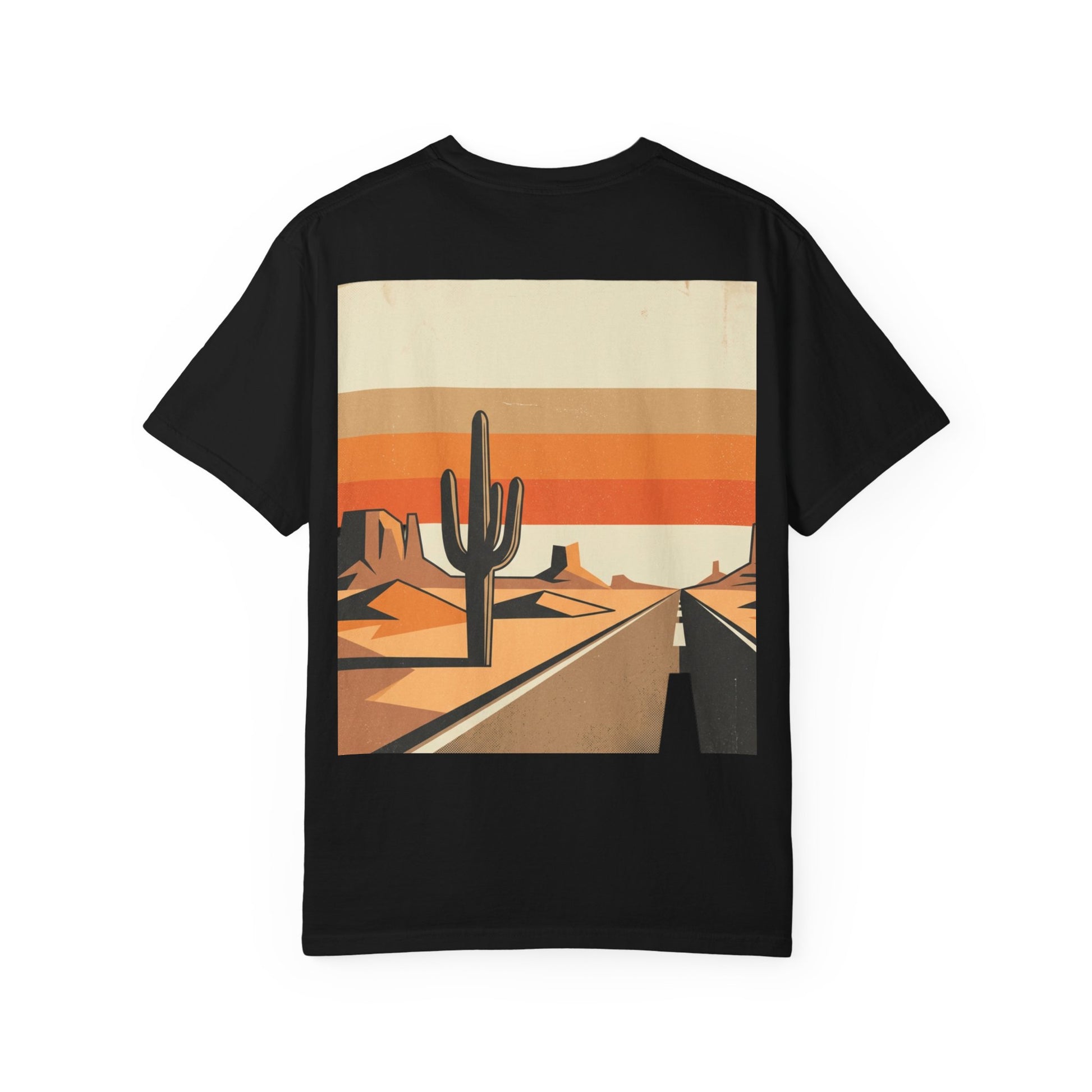 Dusty Desert Highway T-Shirt, back print with cactus and sunset highway