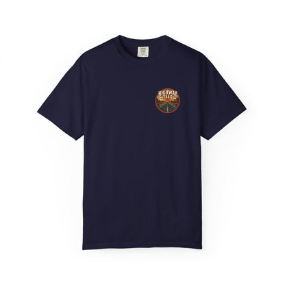 Dusty Desert Highway T-Shirt in True Navy, front view with small desert chest badge