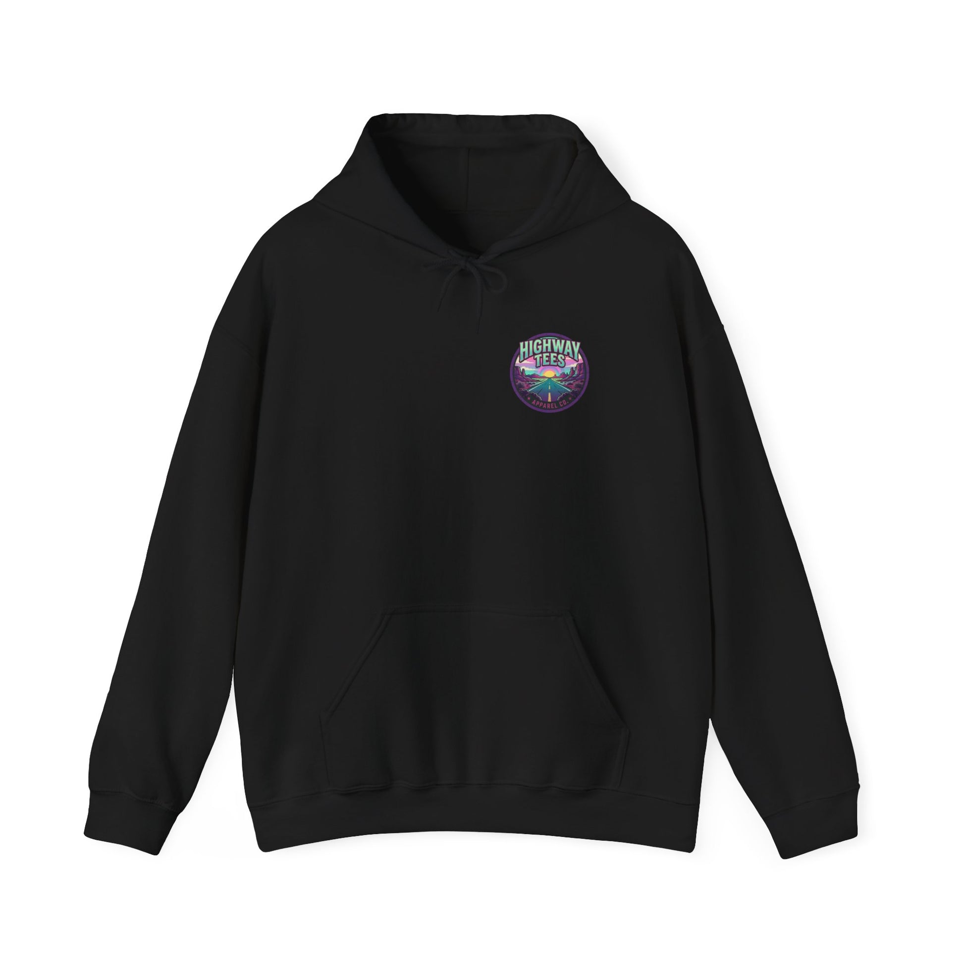 Psychedelic Desert Spiral Hoodie, back print with spiral sun and swirling canyon sky