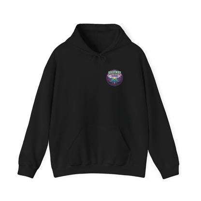 Psychedelic Desert Spiral Hoodie, back print with spiral sun and swirling canyon sky