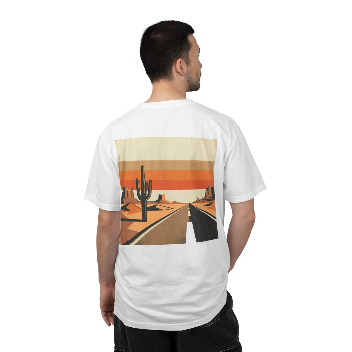 Dusty Desert Highway T-Shirt in white worn, back view showing the full desert highway print