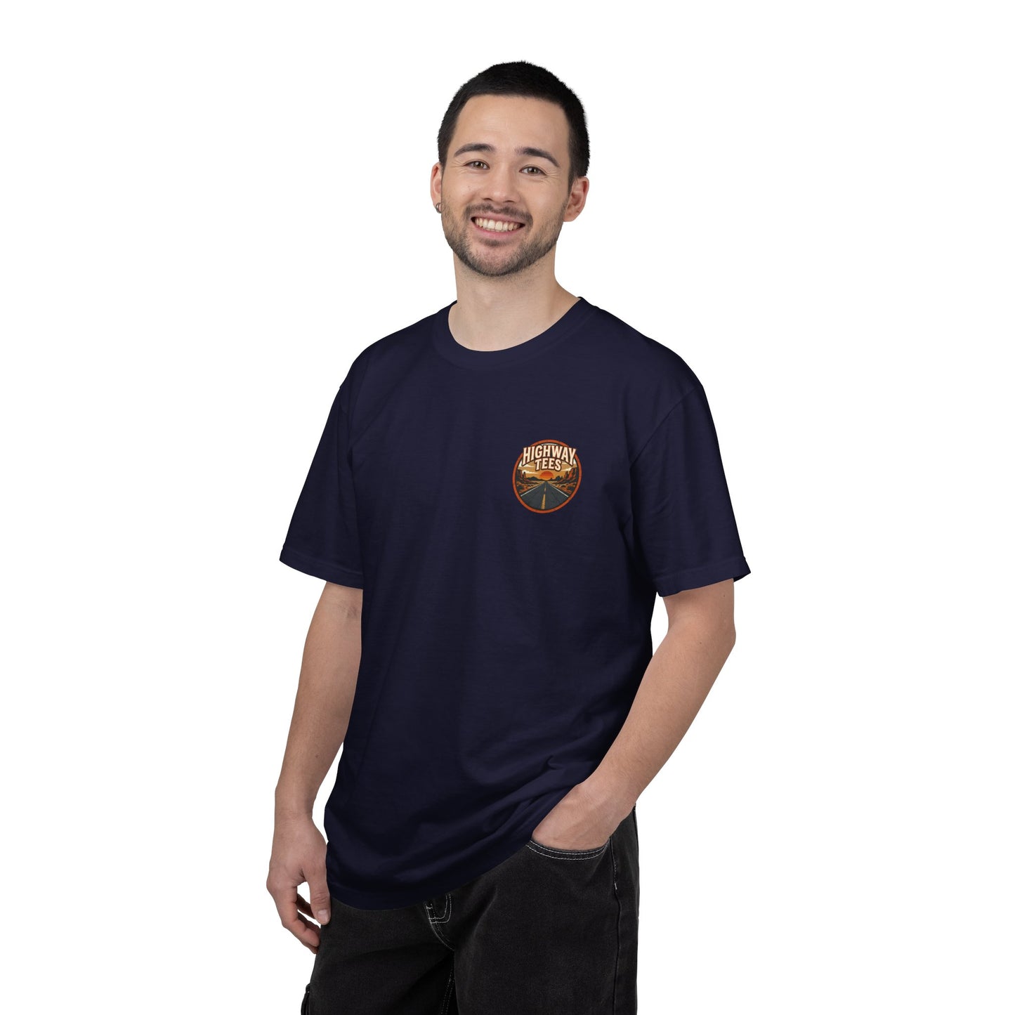 Vintage Sunset Highway T-Shirt in True Navy worn, front view with small sunset chest badge