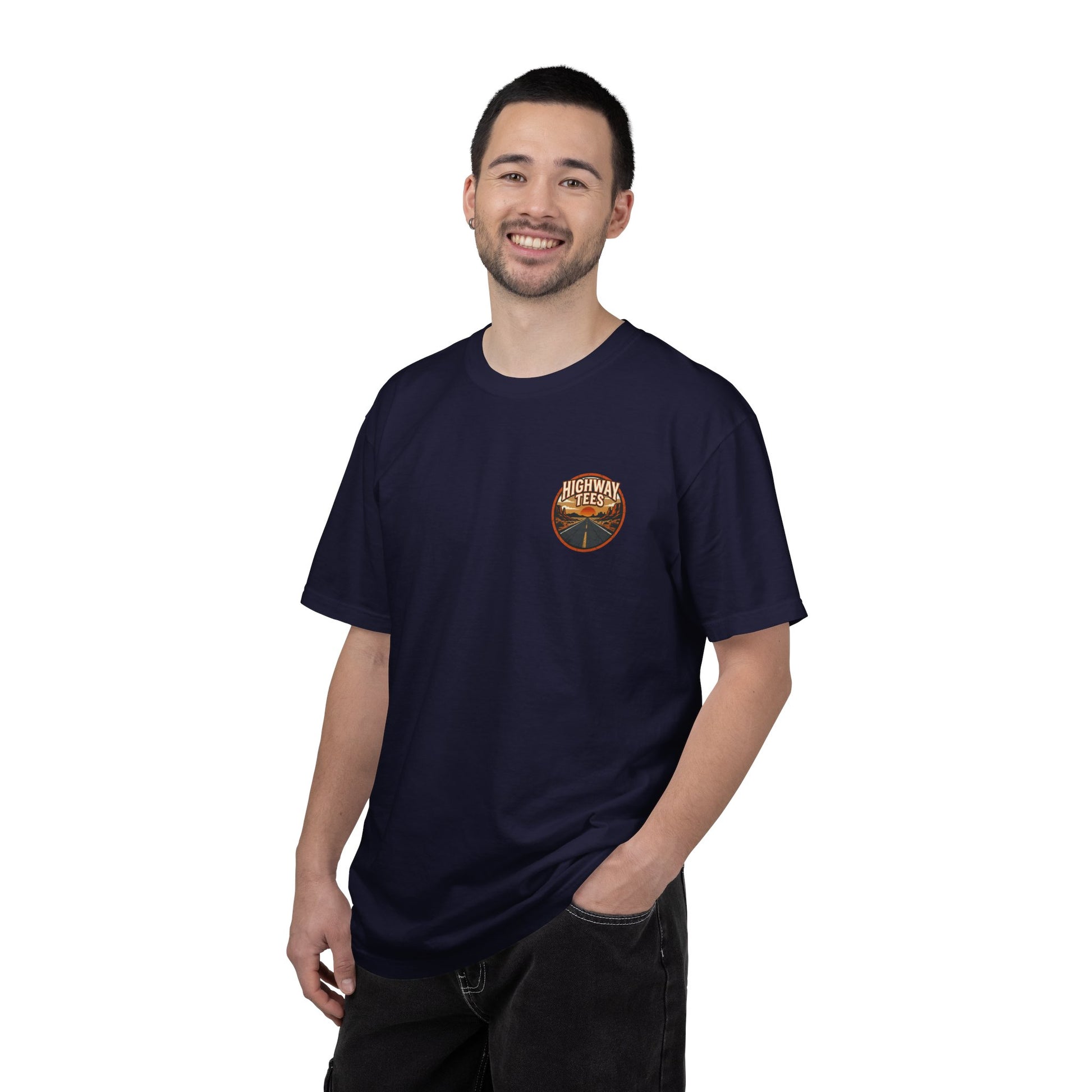 Vintage Sunset Highway T-Shirt in True Navy worn, front view with small sunset chest badge