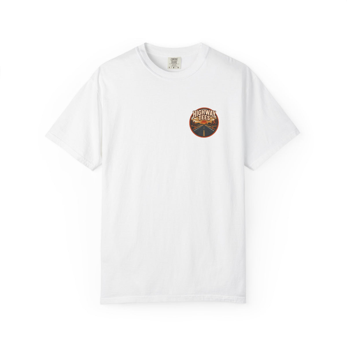 Dusty Desert Highway T-Shirt in white, front view with small desert chest badge