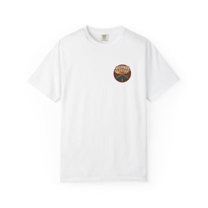 Dusty Desert Highway T-Shirt in white, front view with small desert chest badge
