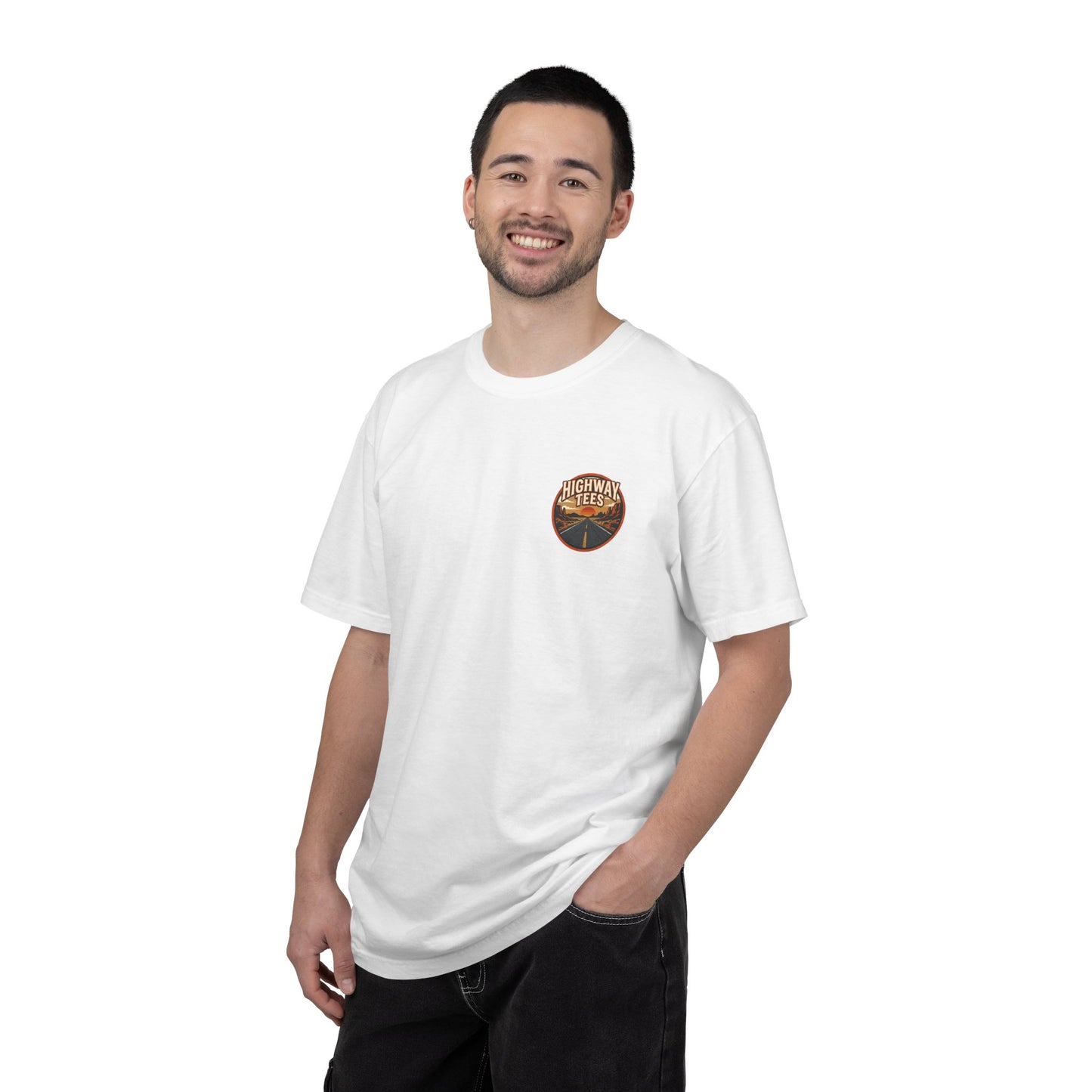Dusty Desert Highway T-Shirt in white worn, front view with small desert chest badge