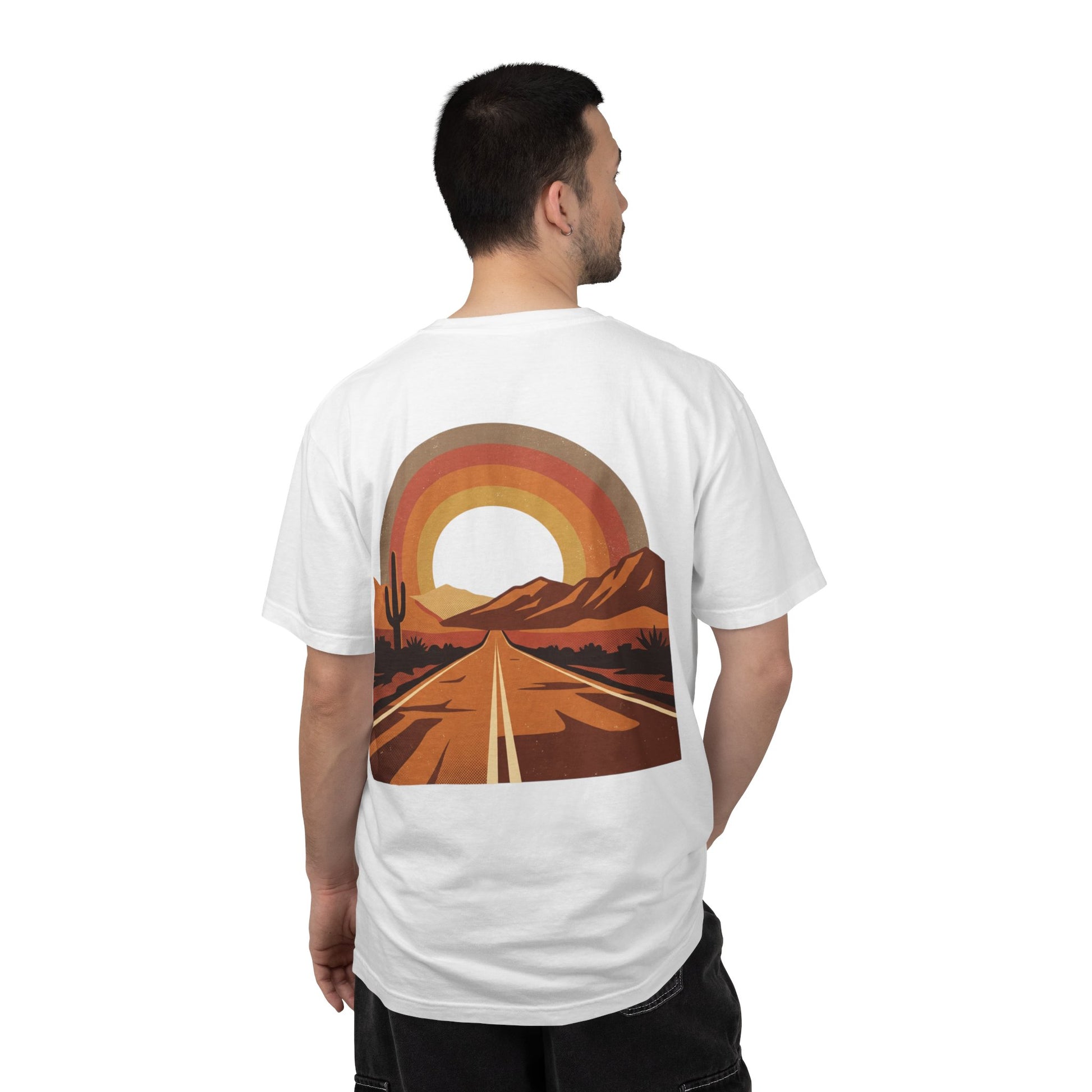 Vintage Sunset Highway T-Shirt in white worn, back view showing the full sunset highway print