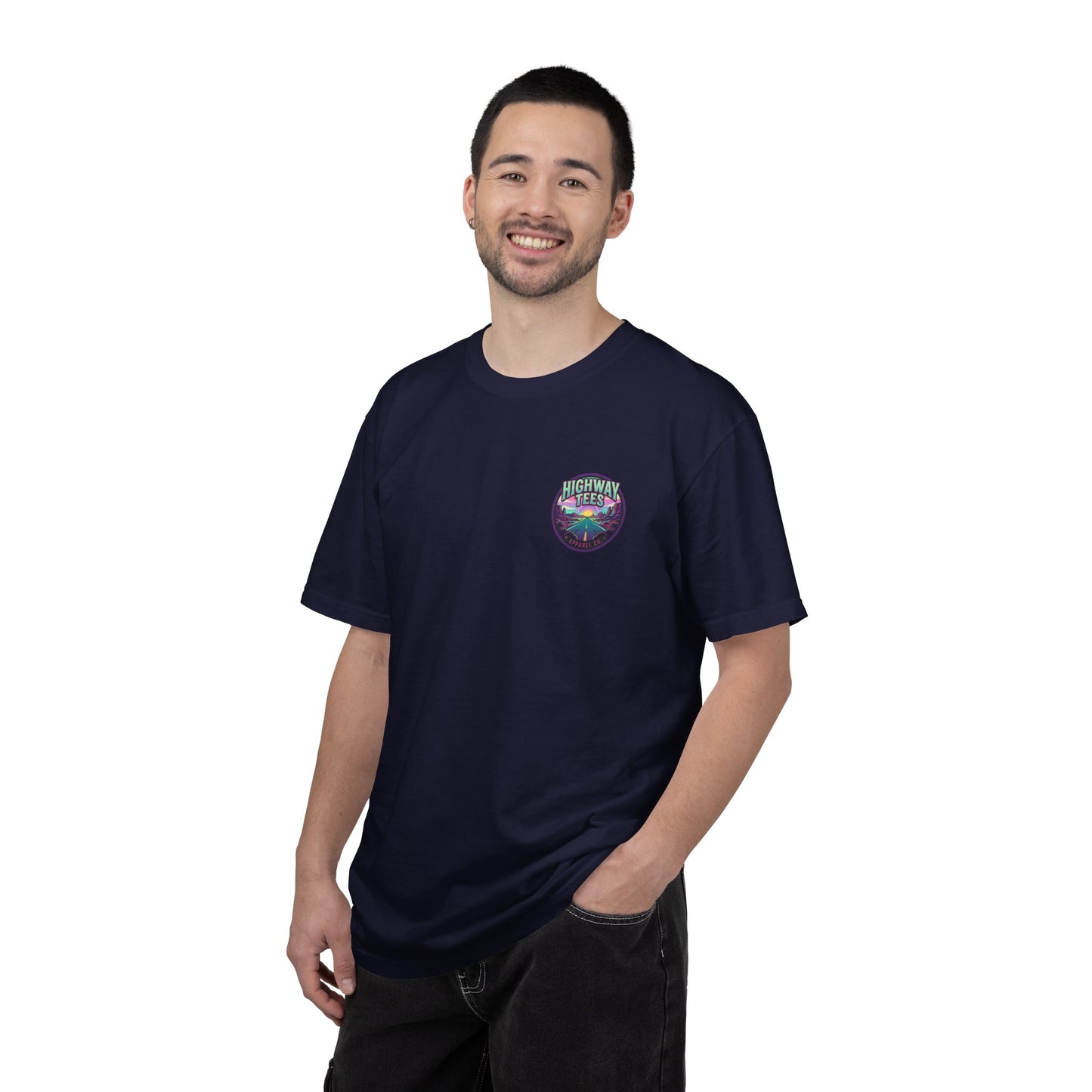 Live Loud Concert Stage T-Shirt in True Navy worn, front view with left chest badge