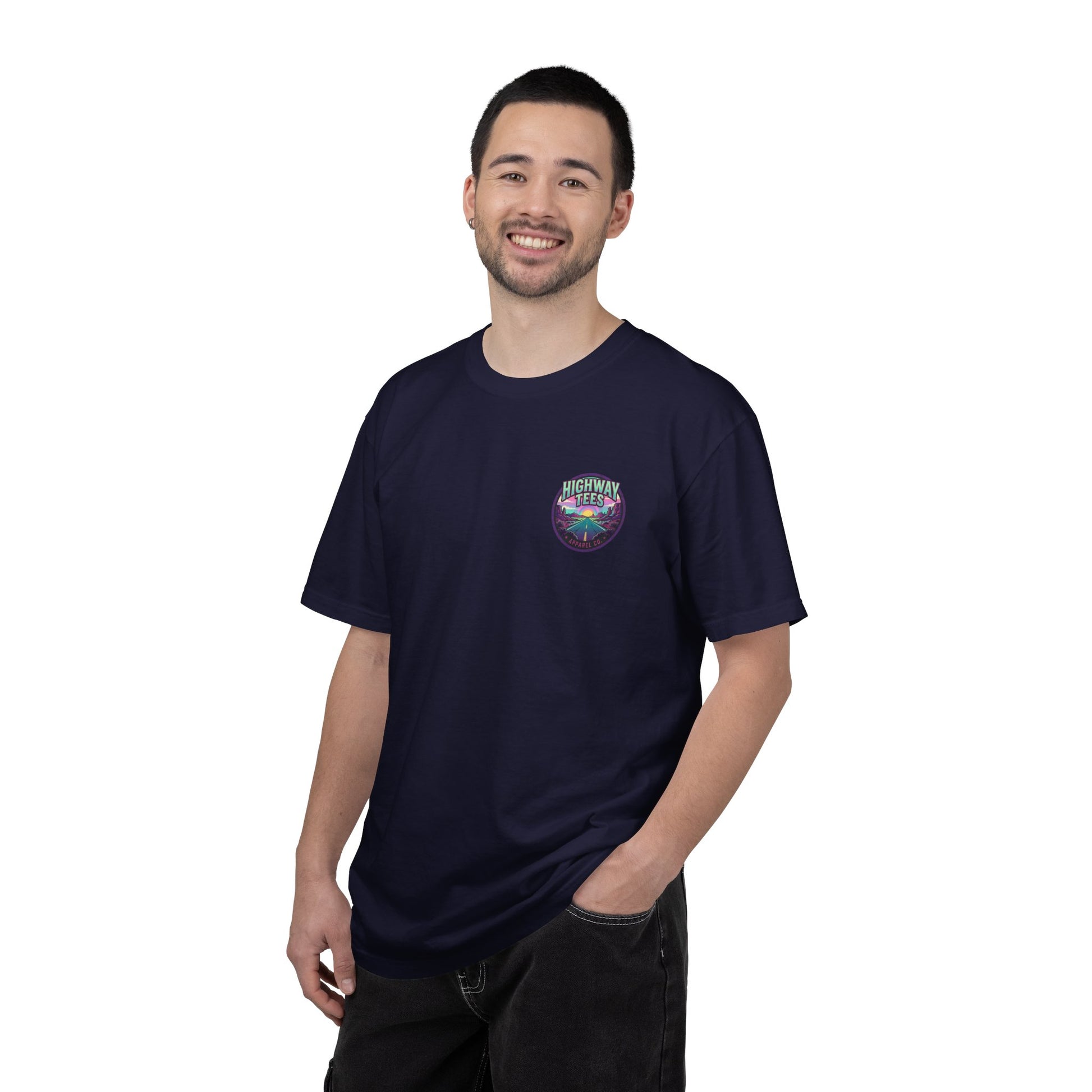 Live Loud Concert Stage T-Shirt in True Navy worn, front view with left chest badge