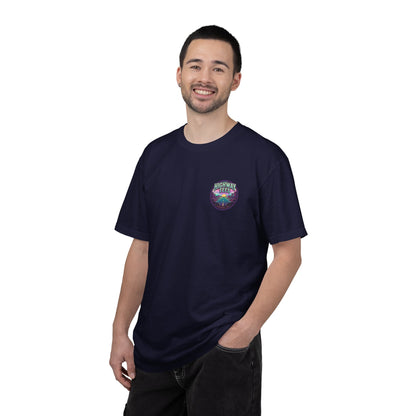 Live Loud Concert Stage T-Shirt in True Navy worn, front view with left chest badge