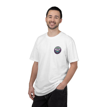 Live Loud Concert Stage T-Shirt in white worn, front view with left chest badge