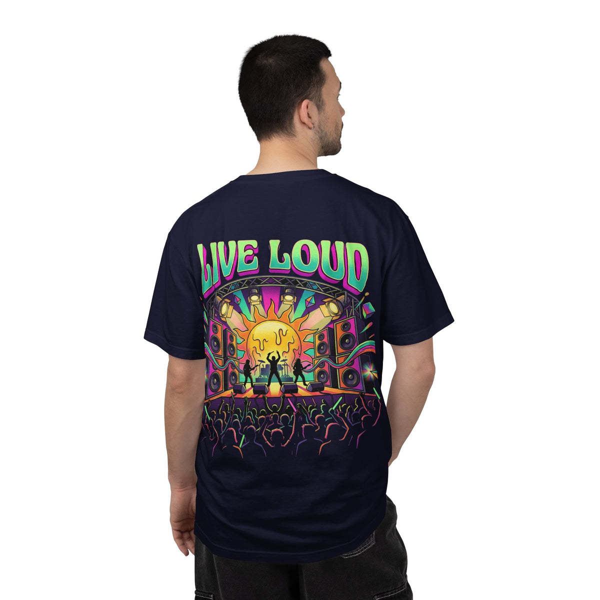 Live Loud Concert Stage T-Shirt in True Navy worn, back view with psychedelic stage print