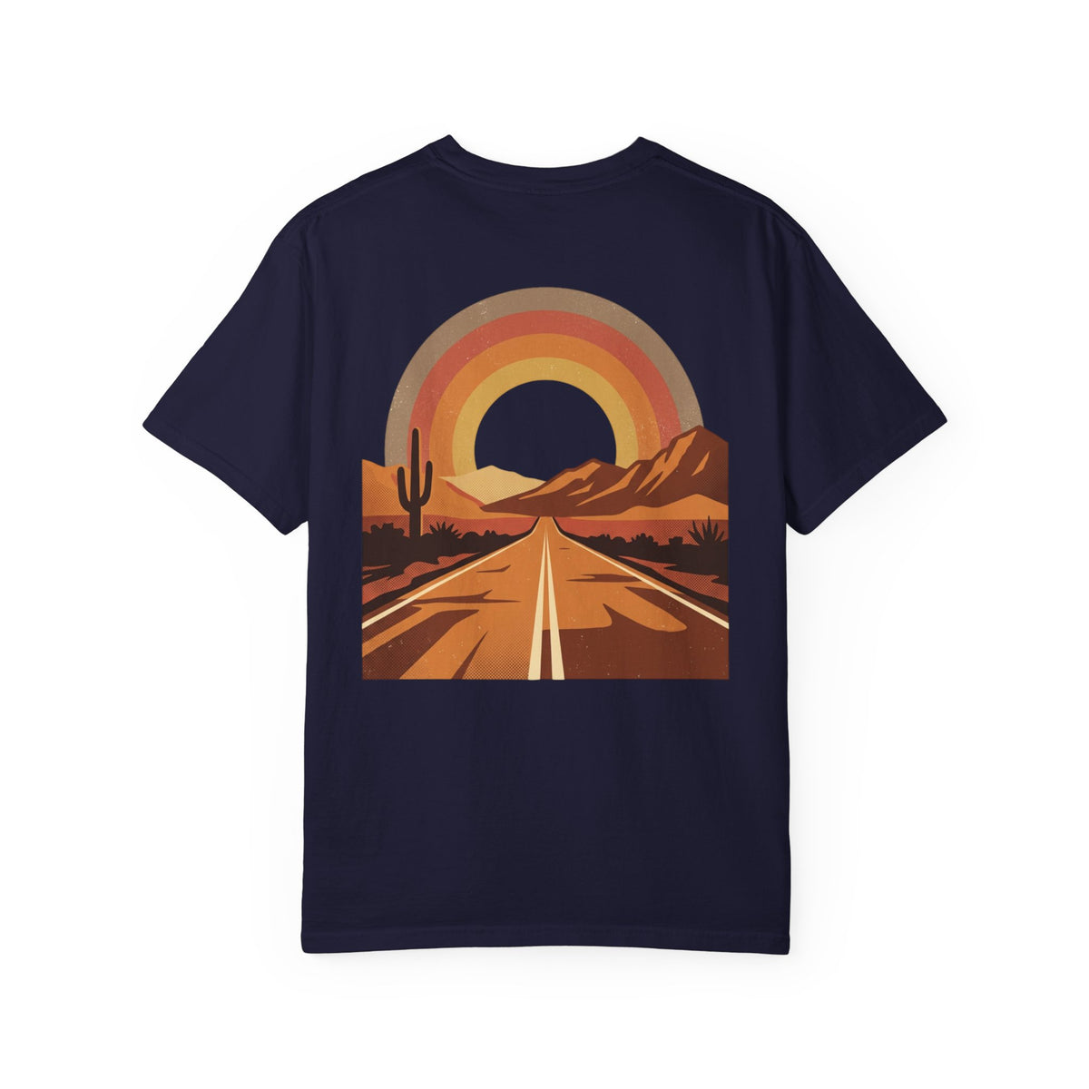 Vintage Sunset Highway T-Shirt in True Navy, back view with retro sunset arch over a desert highway