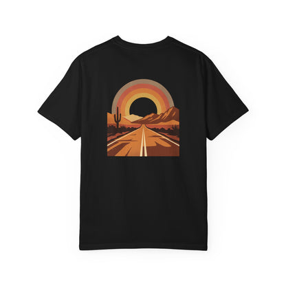Vintage Sunset Highway T-Shirt front view, black, retro sunset over open road graphic