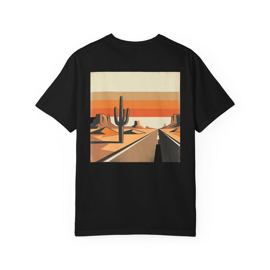 Dusty Desert Highway T-Shirt in black, back view with cactus and sunset stripe desert highway print