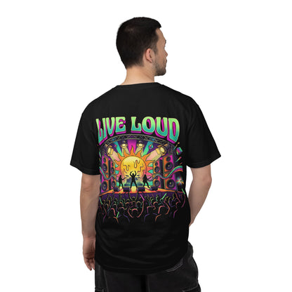 Live Loud Concert Stage T-Shirt in black worn, back view with psychedelic stage print