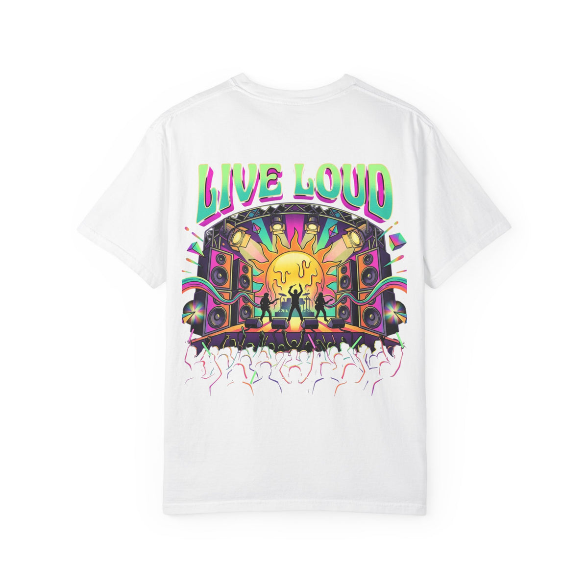 Live Loud Concert Stage T-Shirt in white, back view with full Live Loud psychedelic stage print