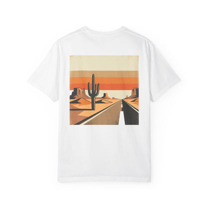 Dusty Desert Highway T-Shirt in white, back view with cactus and sunset stripe desert highway print