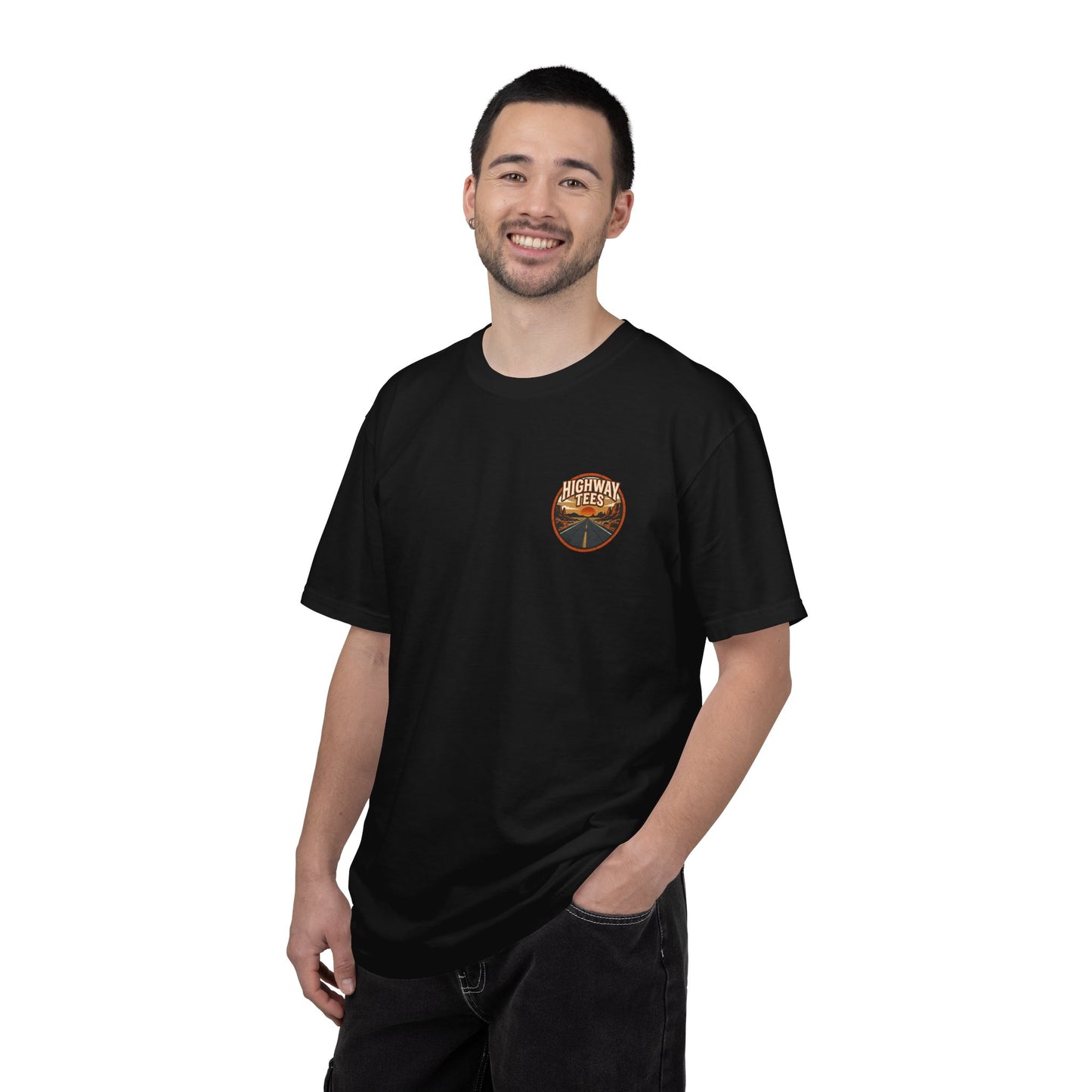 Dusty Desert Highway T-Shirt in black worn, front view with small desert chest badge