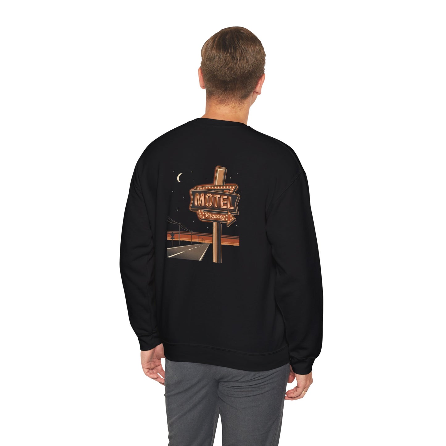 Midnight Motel Vacancy Crewneck Sweatshirt, back print with retro motel vacancy sign, crescent moon and night highway