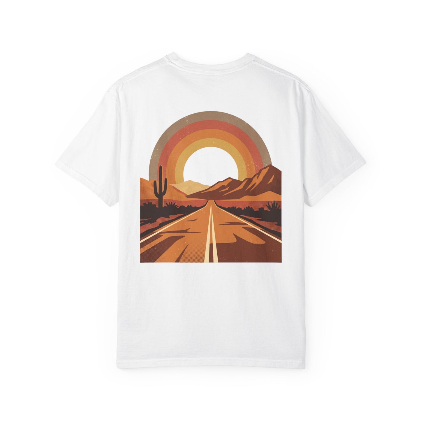Vintage Sunset Highway T-Shirt in white, back view with retro sunset arch over a desert highway