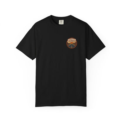 Dusty Desert Highway T-Shirt in black, front view with small desert chest badge