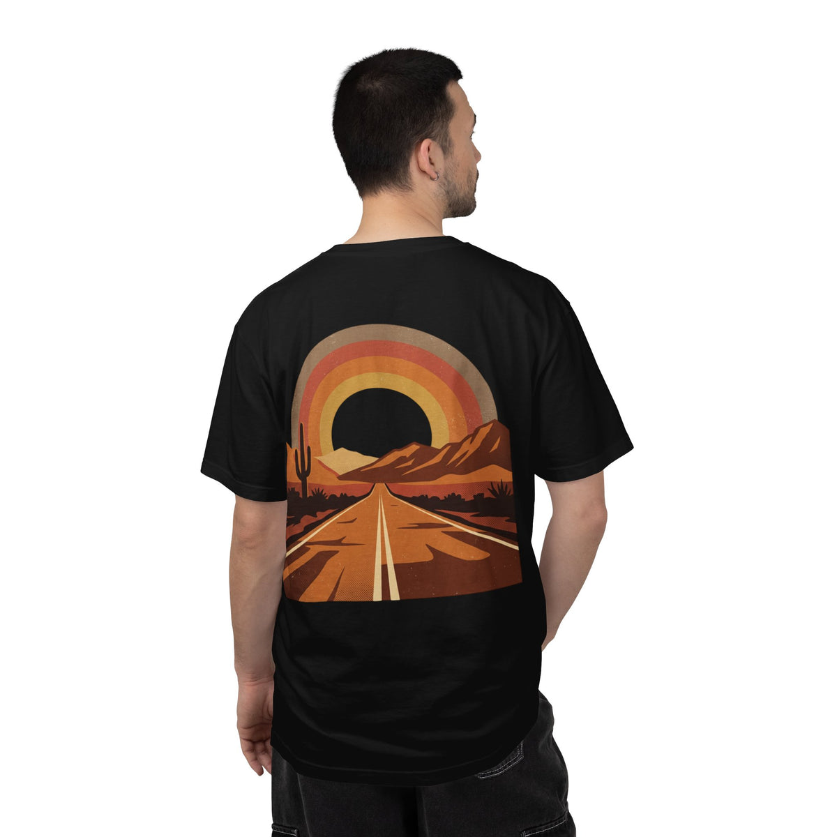 Vintage Sunset Highway T-Shirt in black worn, back view showing the full sunset highway print