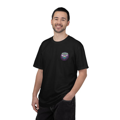 Live Loud Concert Stage T-Shirt in black worn, front view with left chest badge