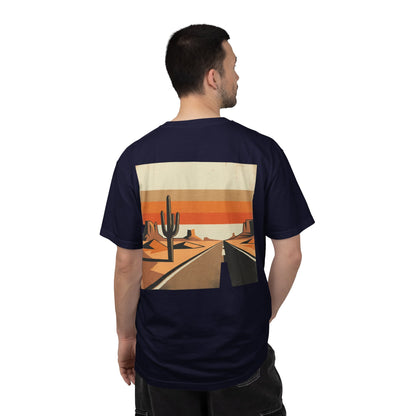Dusty Desert Highway T-Shirt in True Navy worn, back view showing the full desert highway print