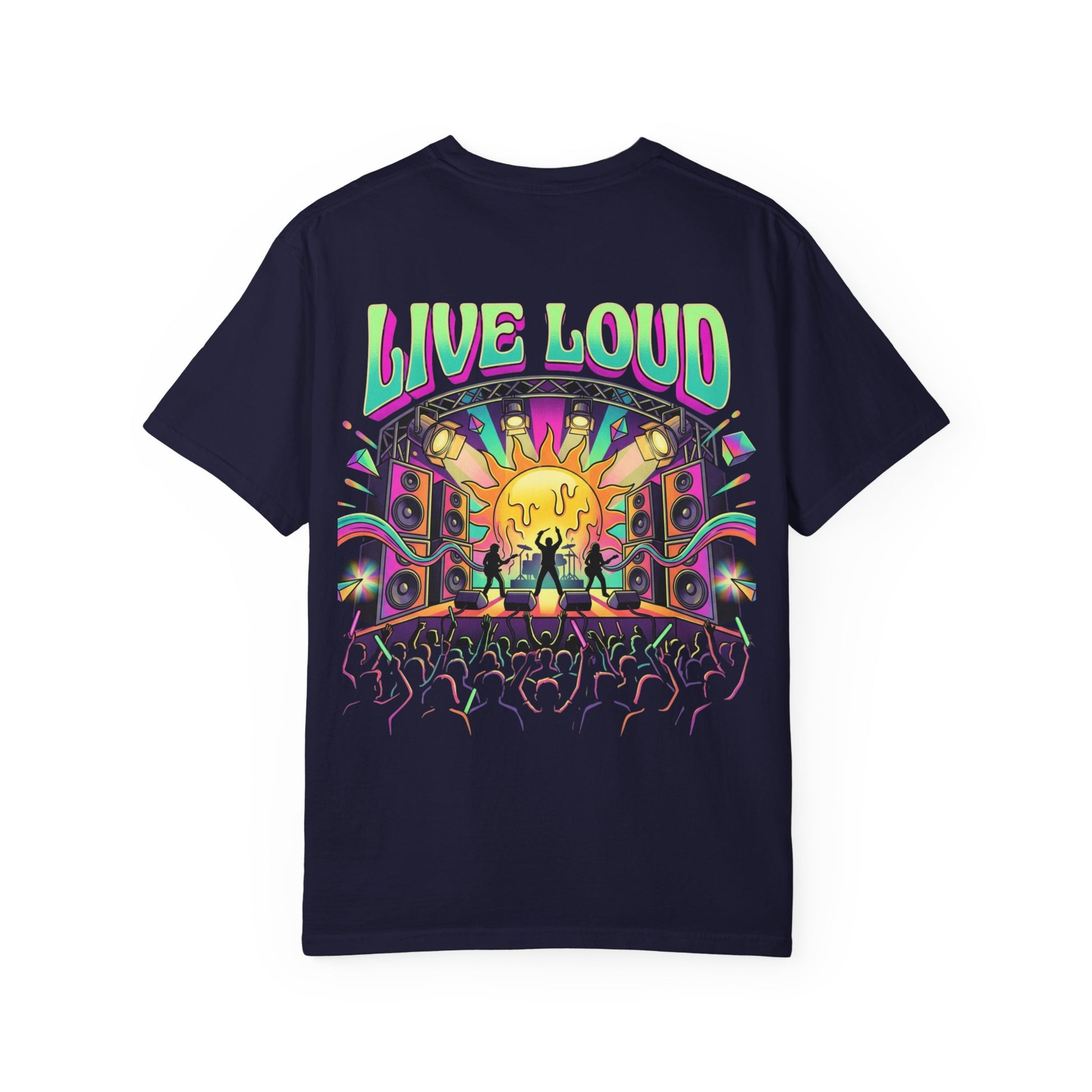 Live Loud Concert Stage T-Shirt in True Navy, back view with full Live Loud psychedelic stage print