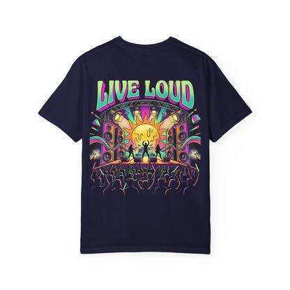 Live Loud Concert Stage T-Shirt in True Navy, back view with full Live Loud psychedelic stage print