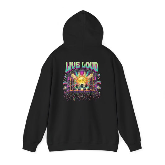 Live Loud Concert Stage Hoodie in black, back view with neon psychedelic concert stage print