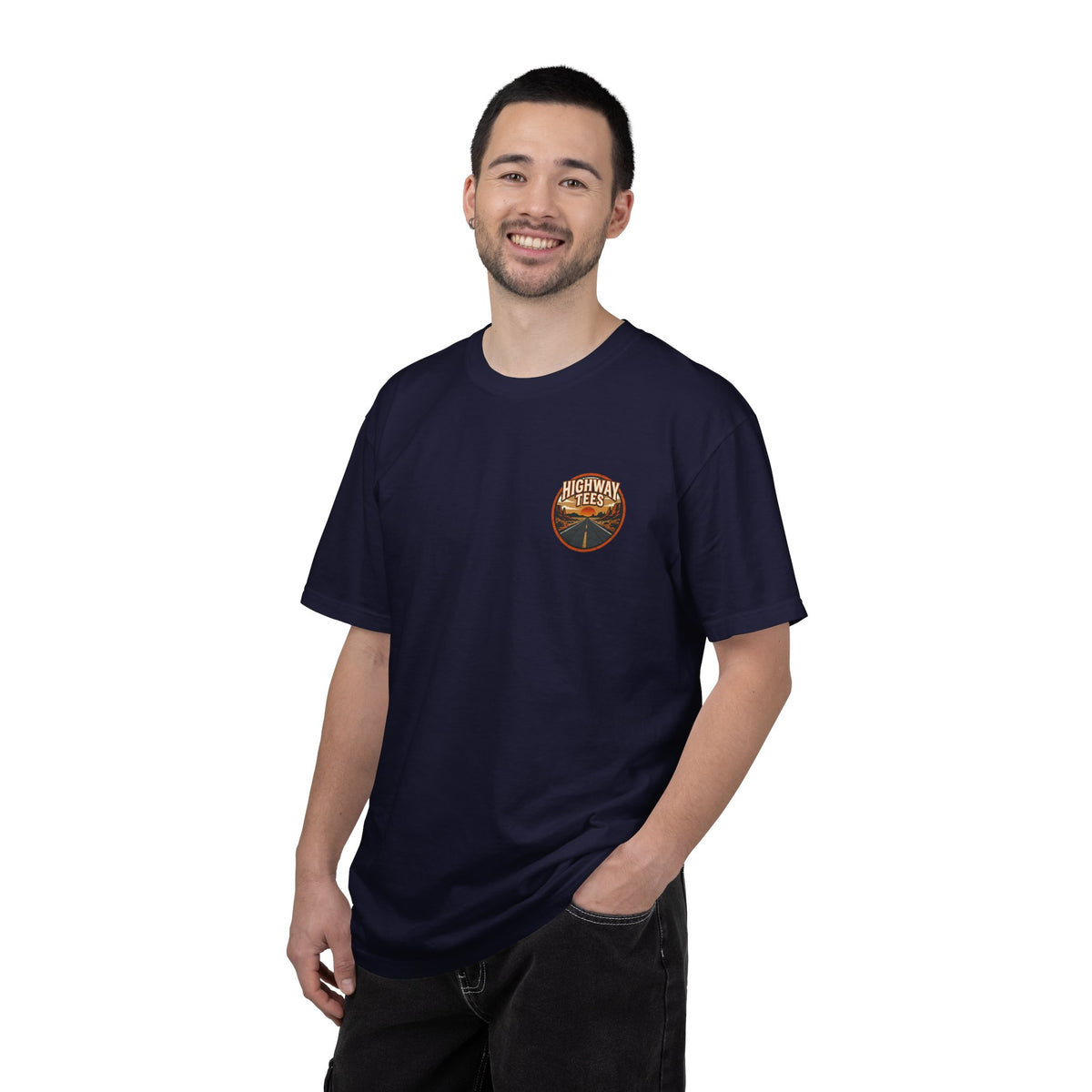 Dusty Desert Highway T-Shirt in True Navy worn, front view with small desert chest badge