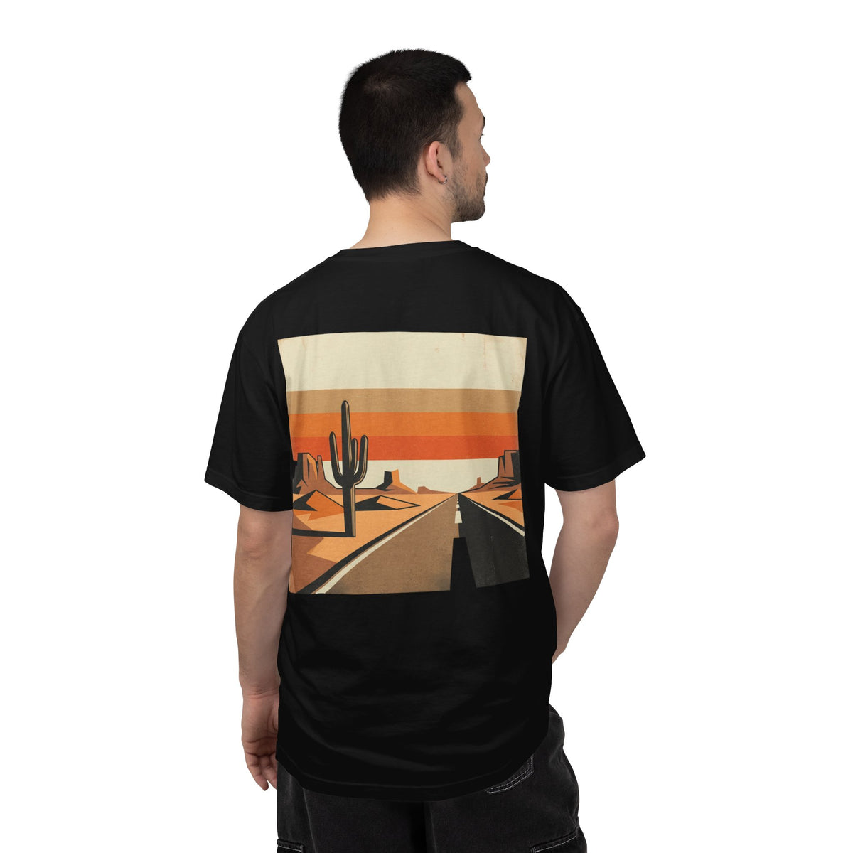 Dusty Desert Highway T-Shirt in black worn, back view showing the full desert highway print