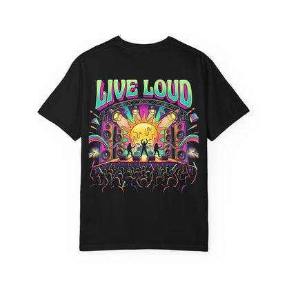Live Loud Concert Stage T-Shirt in black, back view with full Live Loud psychedelic stage print
