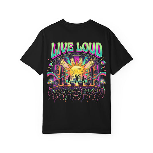 Live Loud Concert Stage T-Shirt in black, back view with full Live Loud psychedelic stage print