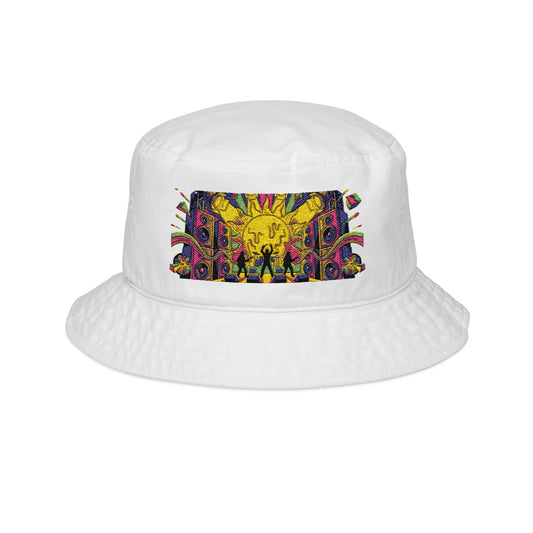 Live Loud Festival Bucket Hat in black, embroidered psychedelic panel with melting sun, speaker stacks and band silhouettes