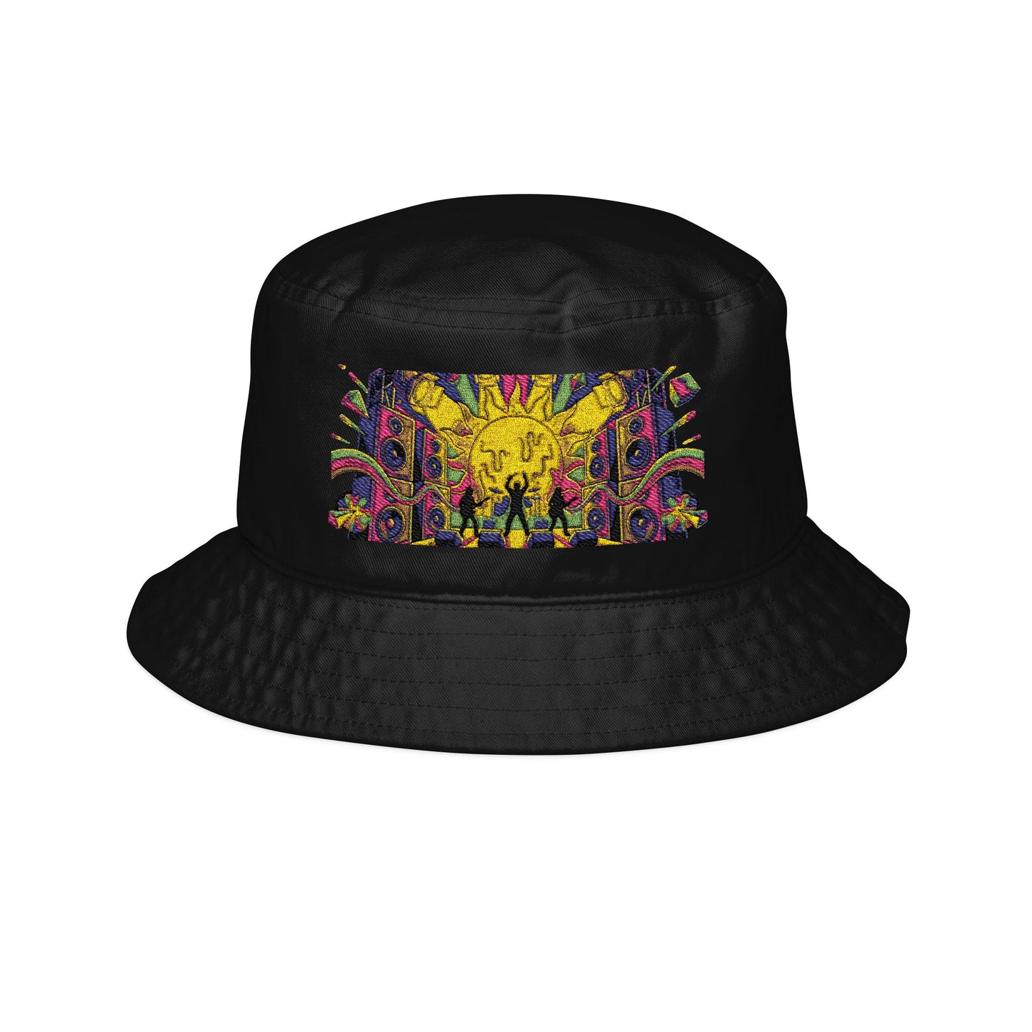 Live Loud Festival Bucket Hat, neon embroidered festival stage design, product view