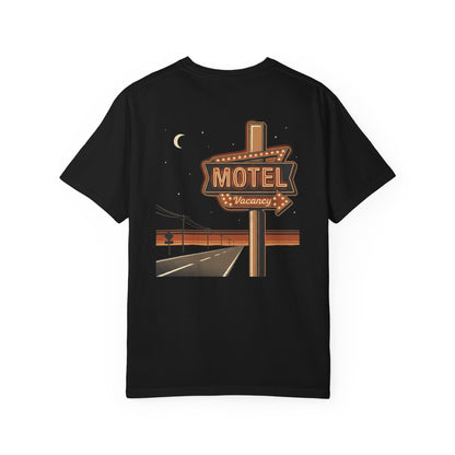 Neon Motel Vacancy T-Shirt in black, back view with retro roadside motel sign print