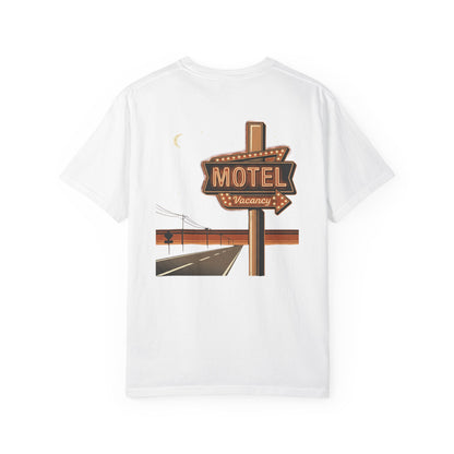 Neon Motel Vacancy T-Shirt in white, back view with retro roadside motel sign print