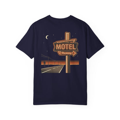 Neon Motel Vacancy T-Shirt in True Navy, back view with retro roadside motel sign print