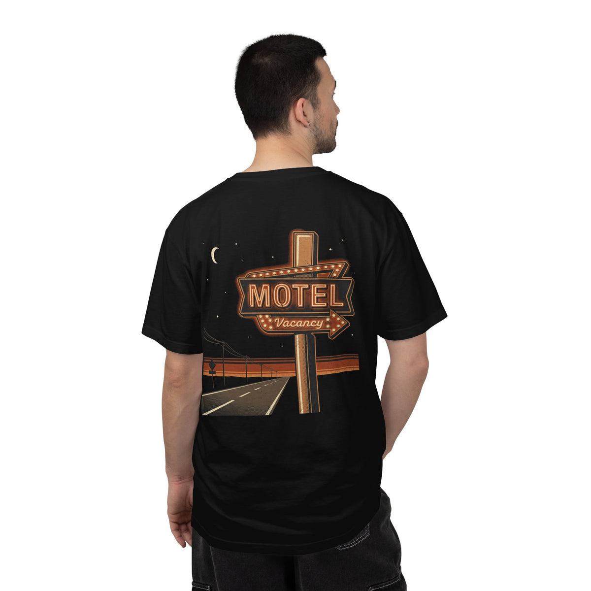 Neon Motel Vacancy T-Shirt in black worn, back view showing the full motel sign print
