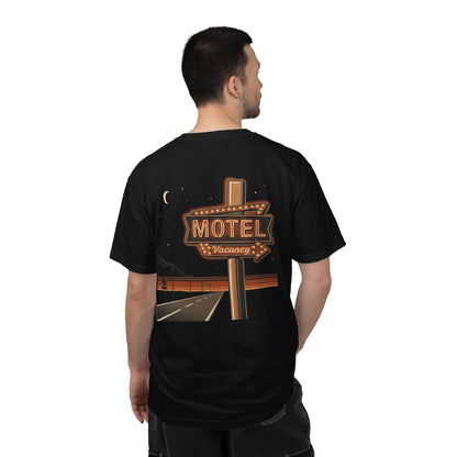 Neon Motel Vacancy T-Shirt in black worn, back view showing the full motel sign print