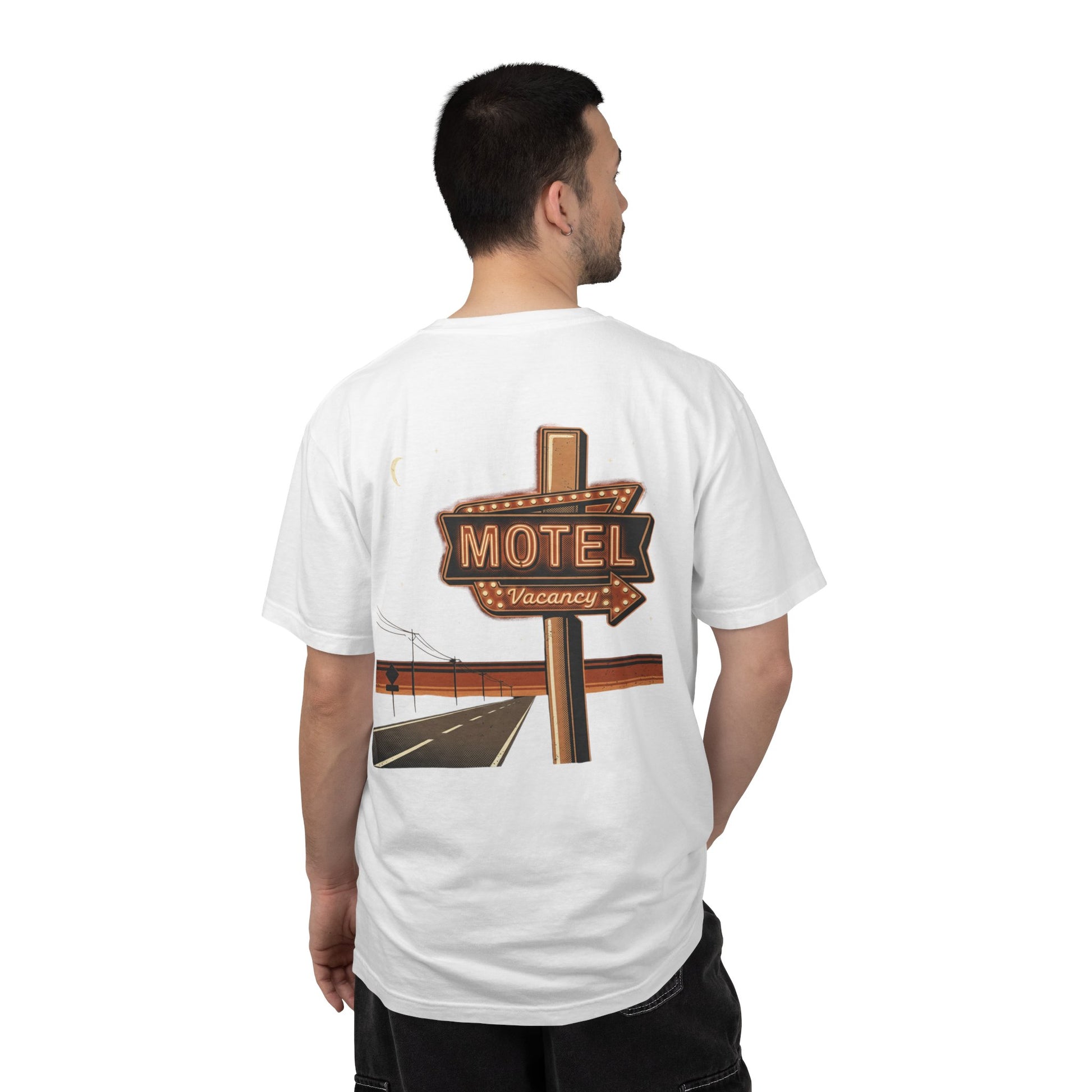 Neon Motel Vacancy T-Shirt in white worn, back view showing the full motel sign print