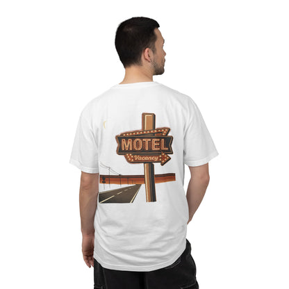 Neon Motel Vacancy T-Shirt in white worn, back view showing the full motel sign print