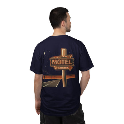 Neon Motel Vacancy T-Shirt in True Navy worn, back view showing the full motel sign print