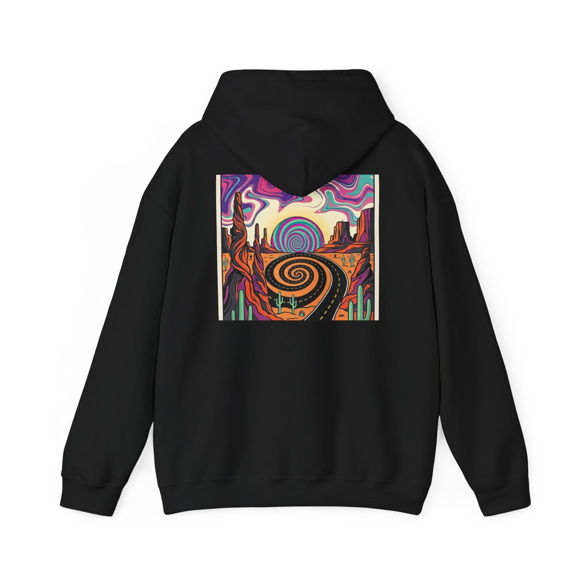 Psychedelic Desert Spiral Hoodie in black, back view with spiral highway and swirling desert sunset print